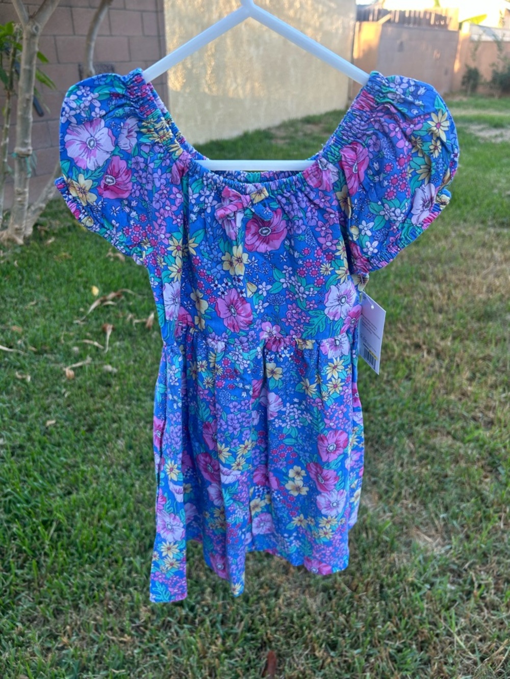 Kohl's Blue Floral Puff-Sleeve Dress with Pink & Yellow Blooms